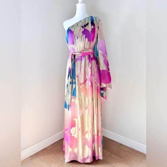 Halston Nisa Gown Printed Fil Coupe Fuschia Turquoise Gold One-Shoulder Dress 4 - Picture 3 of 16